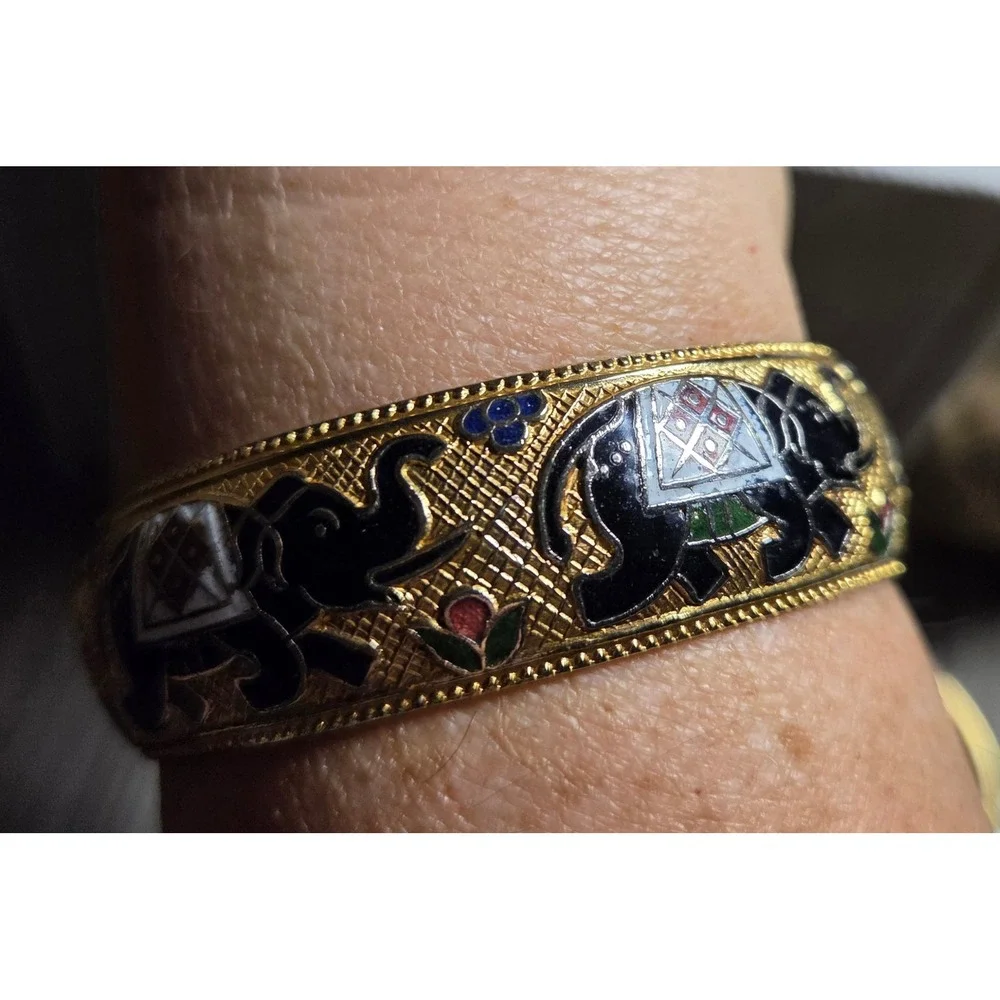 Vintage Cloisonne Gold Tone‎ Enamel Elephant Bangle Bracelet Multi Color